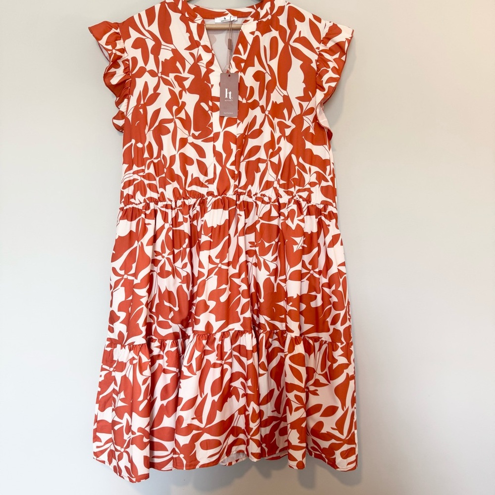 Cream and Orange V-Neck Mini Sundress with Flutter Sleeves